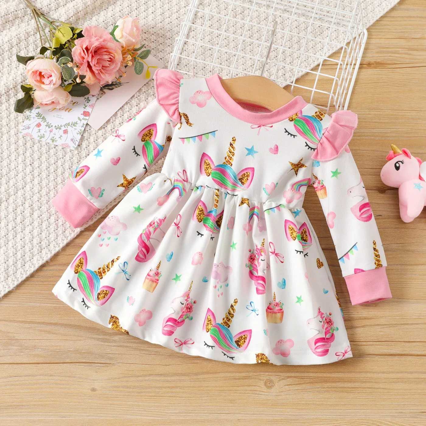 Baby Girl Sweet Ruffle Edge Animal unicorn Pattern Long Sleeve Dress Casual/Outdoor Full print Animal pattern X250220