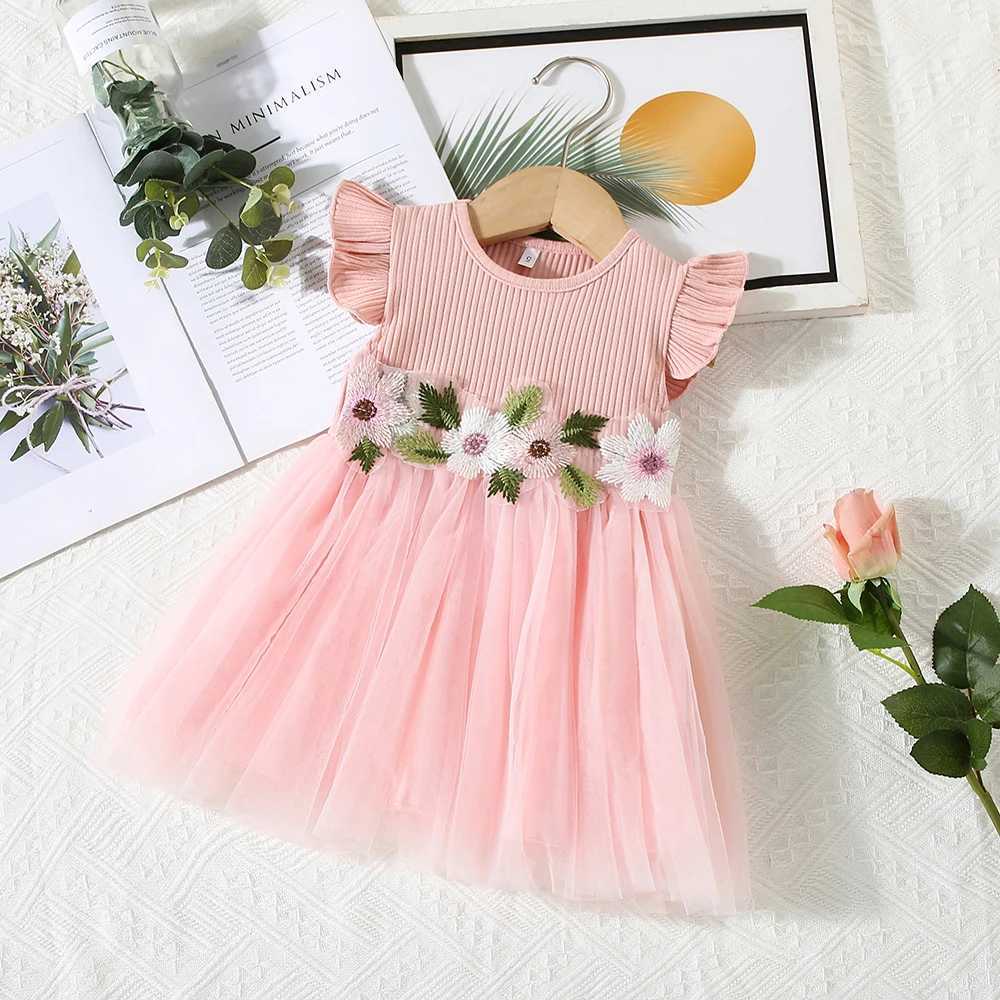 Summer 0-3Year-Old Girl Dress Baby Girl Waist Flower Embroidery Splicing Mesh Small Sleeve Princess Dress X250220