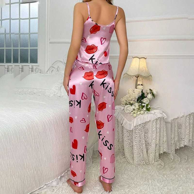 Womens Satin Floral Pajama Sets with Spaghetti Strap Tops and Long Pants Spwear 2 Piece Sveless Home Clothes LoungewearXJ250220