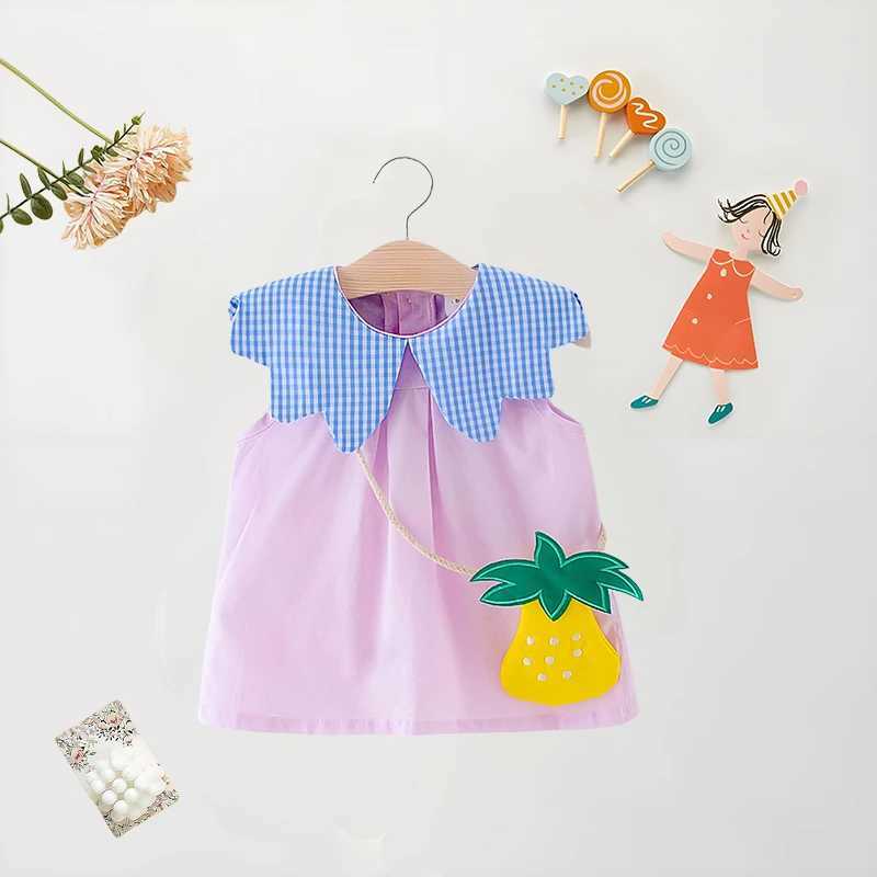 Summer Baby Girl Dress+Bag 2 Pcs Baby Girl Plaid Big Collar Solid Color Dress Cute Loose Cotton Comfortable Sleeveless Dress X250220