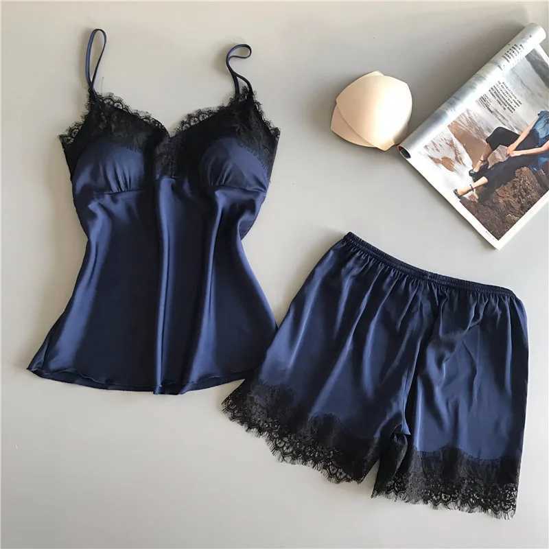 Suspenders pajama Womens Summer Sexy Ice Silk Lace Two Piece Set Home Clothes Thin Shorts V-neck SuspendersXJ250220