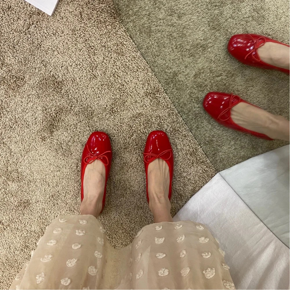 Retro Ultra-soft Women Shoe Spring Bow Red Flat Sole Single Shoe Leisure Comfortable Leather Shoe Ballet Shoe Zapatos Mujer 250220