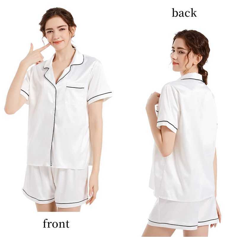 Summer New Fashion Solid Color Satin Pajama Set Womens Flip Tie Button Shirt Top and Elastic Shorts Pajama SetXJ250220