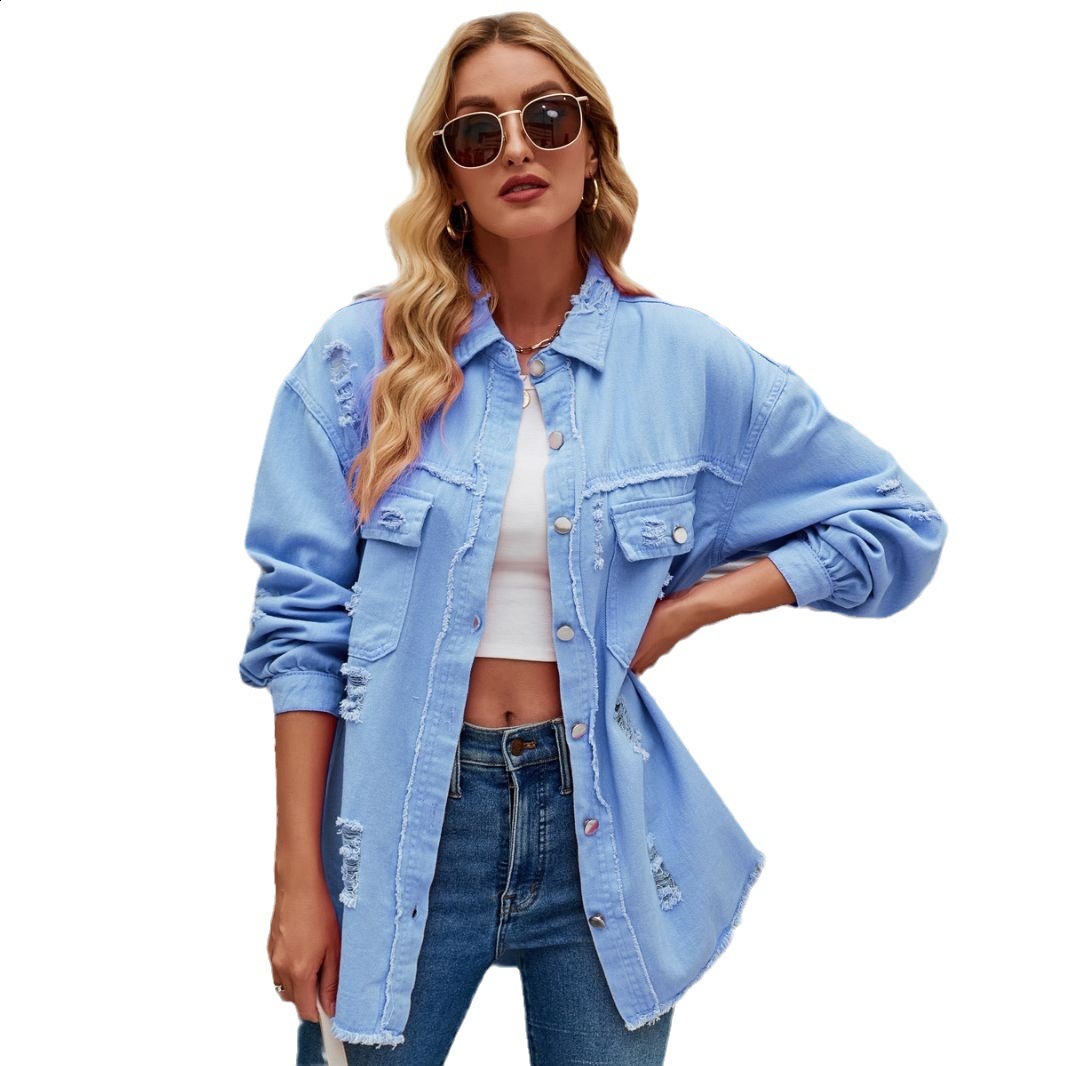 Spring Autumn American womens fashion washed long sleeved ripped denim jacket for women 201026