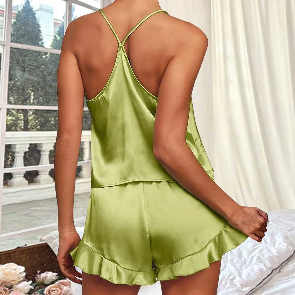 Cross border Womens New Style Pajamas Set Sexy V-neck Suspender Vest+Shorts Silation Silk Two-piece Comfortable Homewear SuitXJ250220