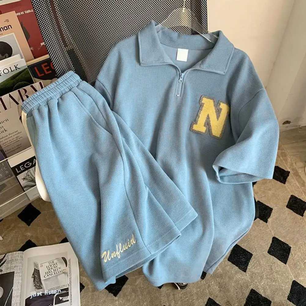 High Quality Waffle biscuit sportswear unisex summer mens loose short sleeved T-shirt jogging set two-piece letter printed casual sportswear T250221