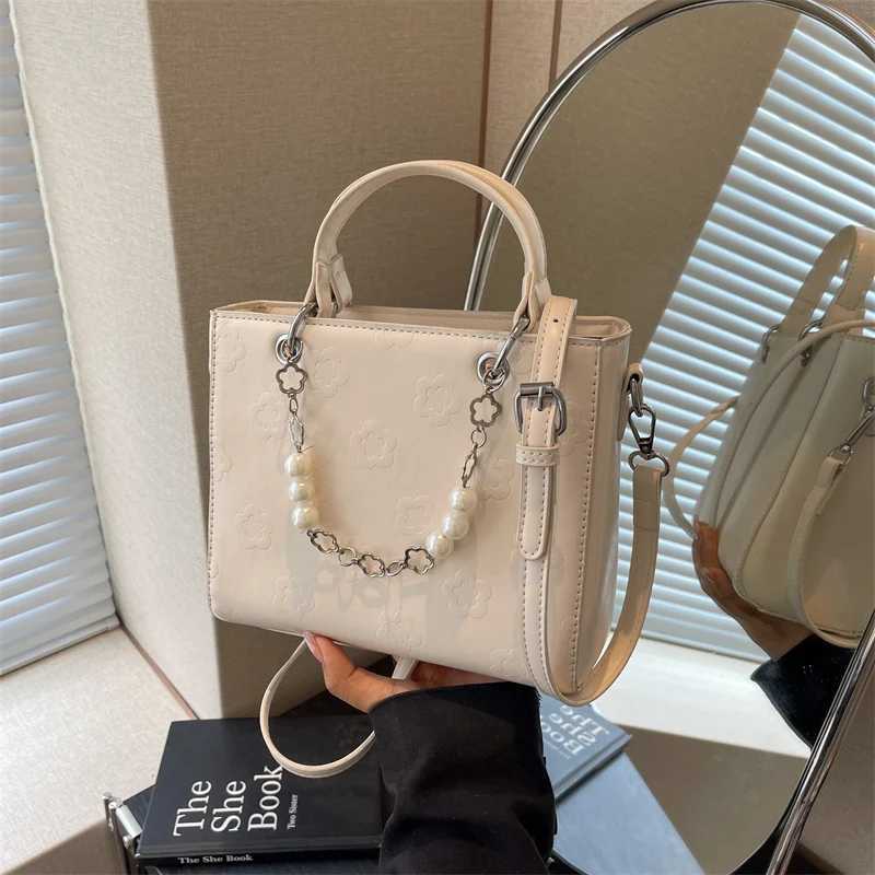 Womens Bag 2024 New French Fairy Style Handbag Fashionable Pearl Beaded Small Print One Shoulder Crossbody Bag Trend Y250220