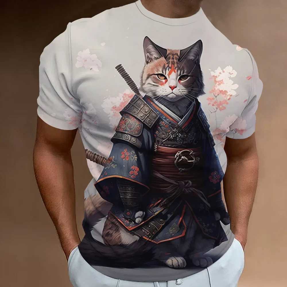 3d Samurai Cat Print Short Sleeve T-Shirt For Men New Retro Mens T-Shirt Fashion Oversized Man Clothes Quick Dry Tees Tops 2024 W250220