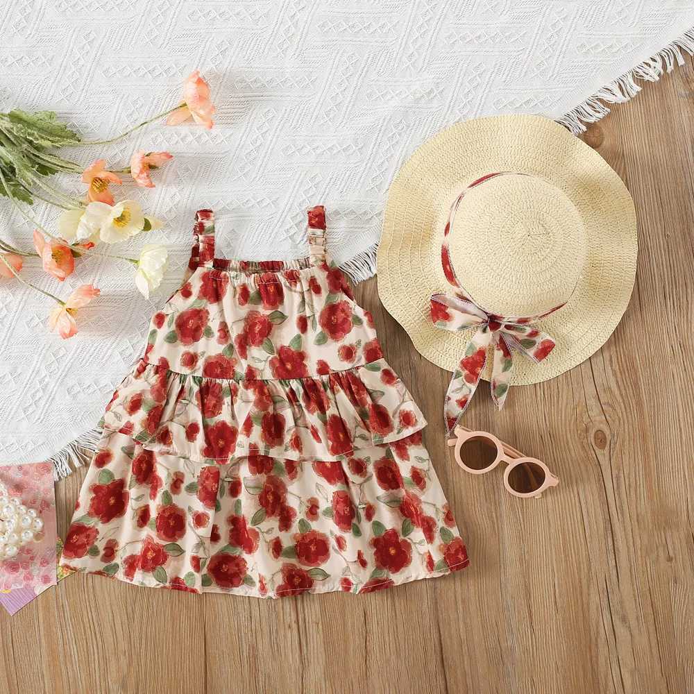 Summer New Girls Dress Hand-Painted Wind Rose Cake Layer Dress Birthday Party Team Dress Sweet Princess Dress Complimentary Hat X250220