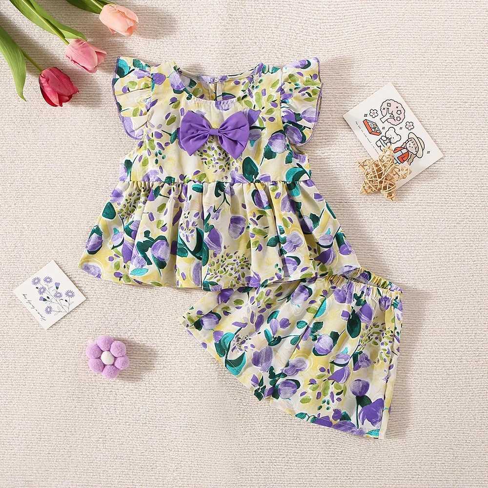 (0-3 Years Old) Summer Baby Girl Peach Print Bow Fly Sleeve Top And Shorts Set Girl Cute Cotton Two-Piece Set X250220
