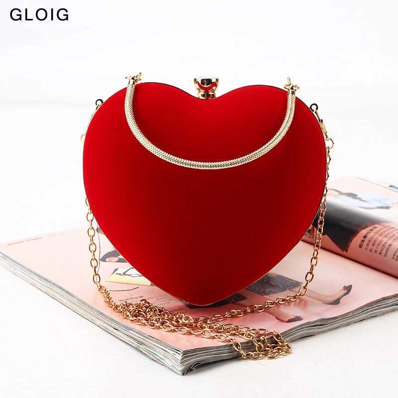 Red Heart Design Women Clutch Small Diamonds Golden Velvet Evening Bags Party Wedding Handbags Purse For Female Z250220