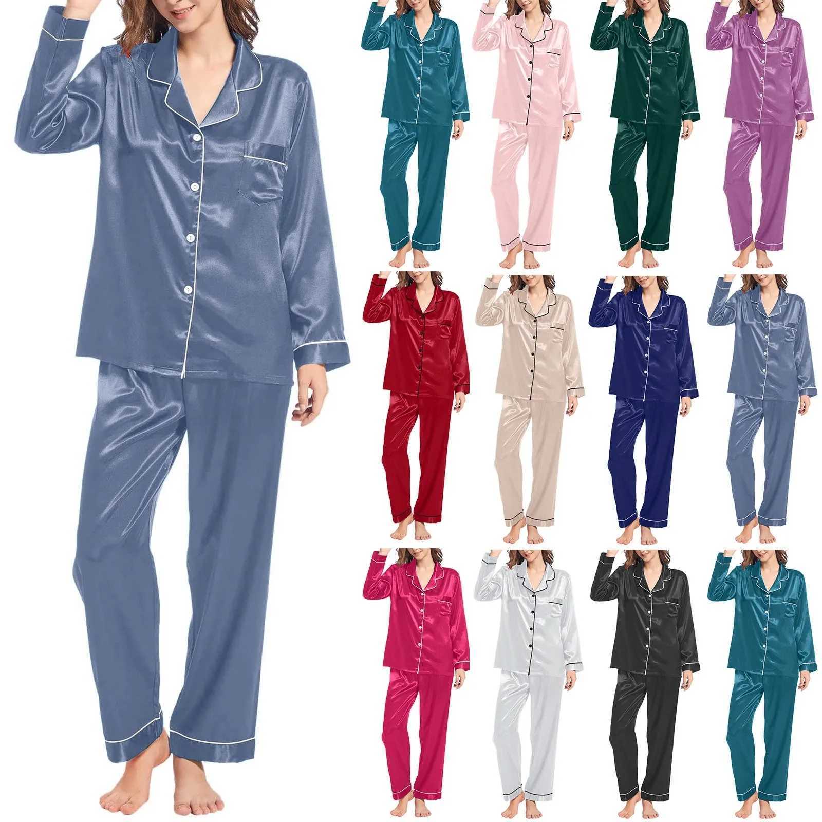 Pajama 2 Piece Women Sets Ice Silk Comfy Solid Color Button Down Shirt With Pants Loungewear Satin Nightwear Pyjama SuitsXJ250220
