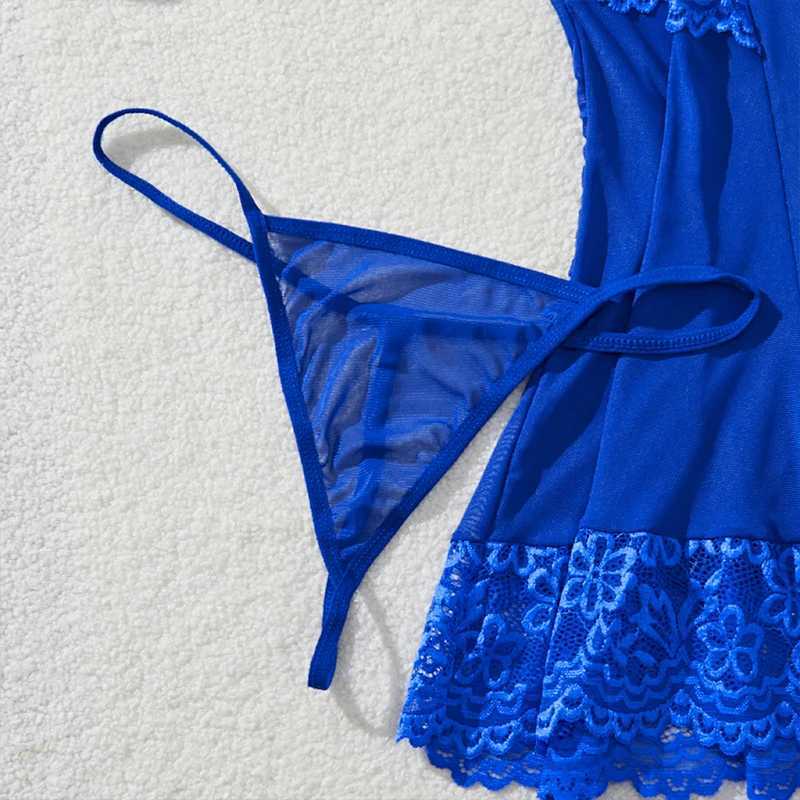 Sexy Women Lingerie Nightgown Set Sex See Through Sling Mini Sleepwear Thong Two-piece Outfit Erotic Costume Lace Babydoll DressXJ250220