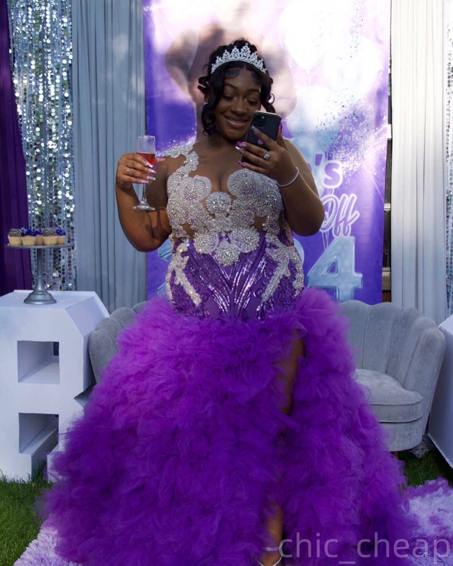 Purple Mermaid Prom Dresses 2025 Lace Beaded Tiers High Split Evening Formal Party Second Birthday Engagement Gowns Plus Size Dress For Special Occasi