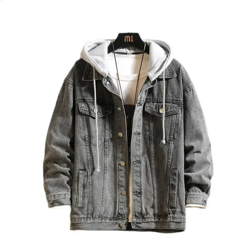 Denim jacket mens hooded casual jeans street clothing solid color lapel denim hat ZL166 250212