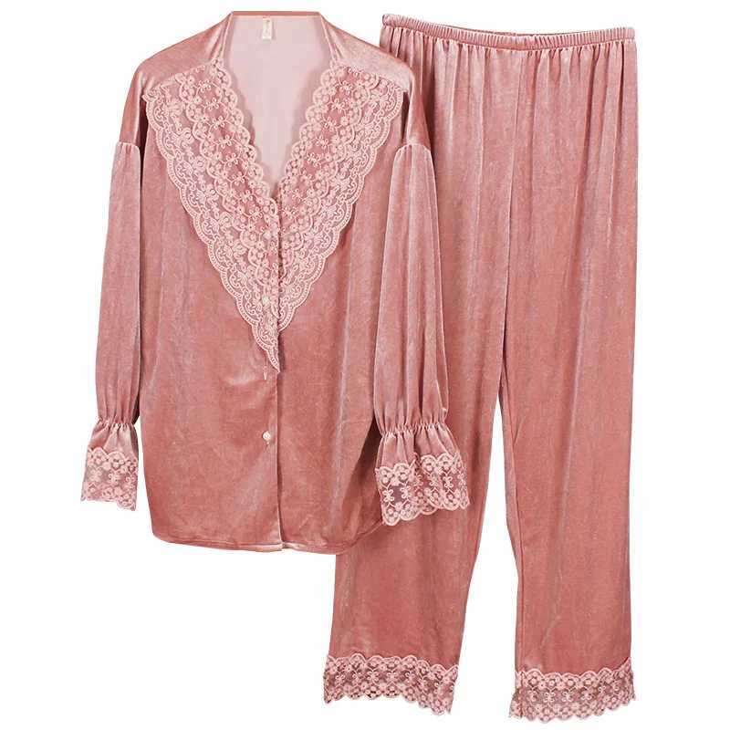 Golden Velvet Pajamas Women Thin Section Long-sved Lace Printed Pajamas For Womens Spring And Autumn Sweet Homewear PajamasXJ250220