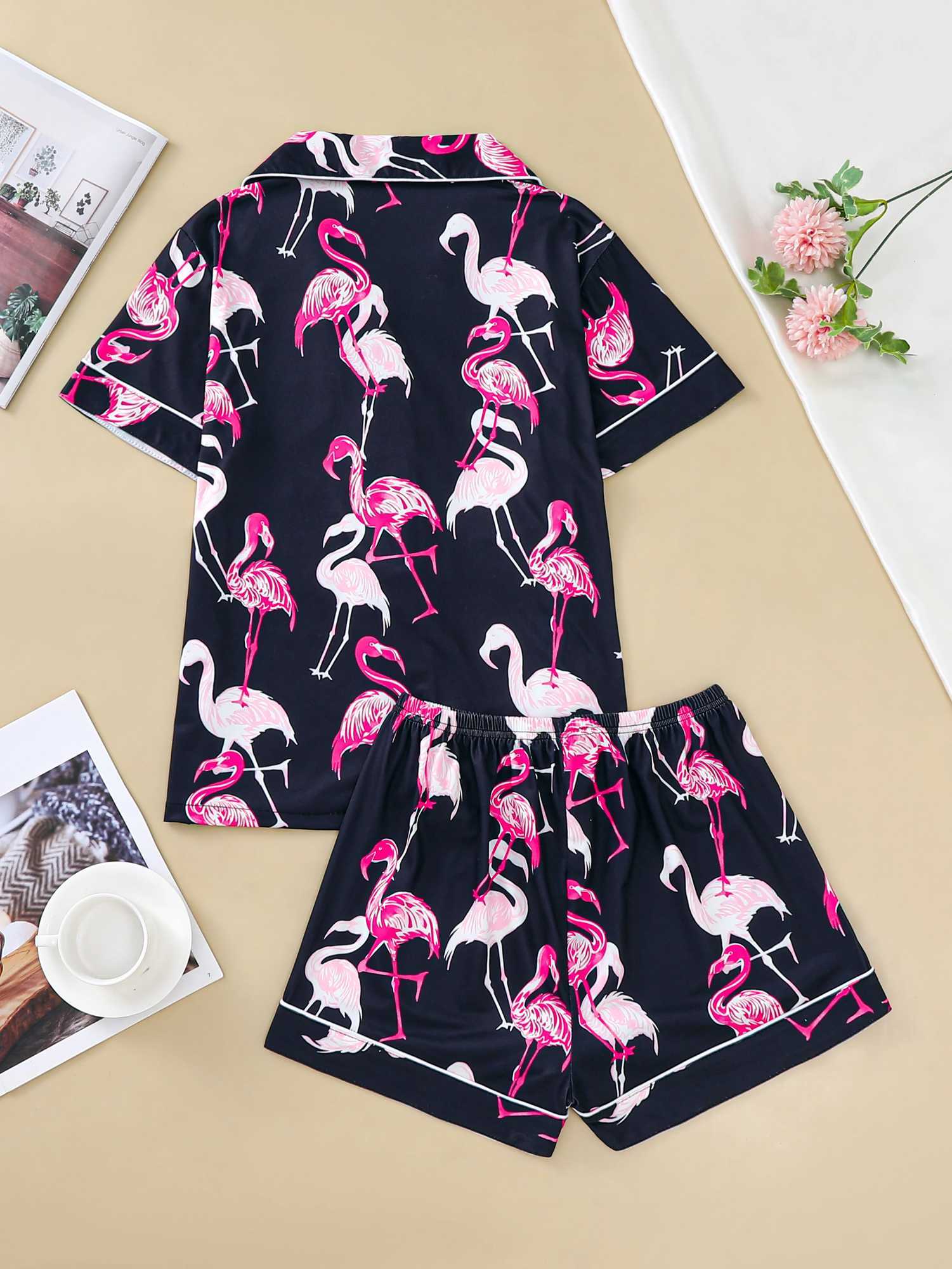Two-piece set of womens pajamas lapel top and trousers Flamingo summer casual womens pajamas home wearXJ250220