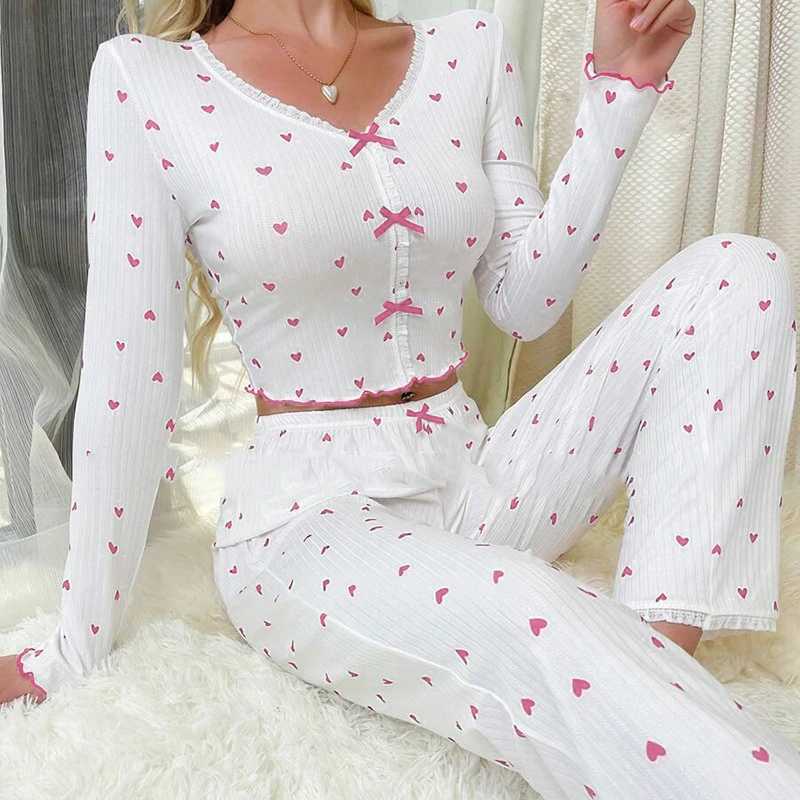Ele White Ribbed Print Pants Sets Pajamas Women Knitted V-Neck Loose Tops Autumn Elastic Long Pants Spwears VintageXJ250220