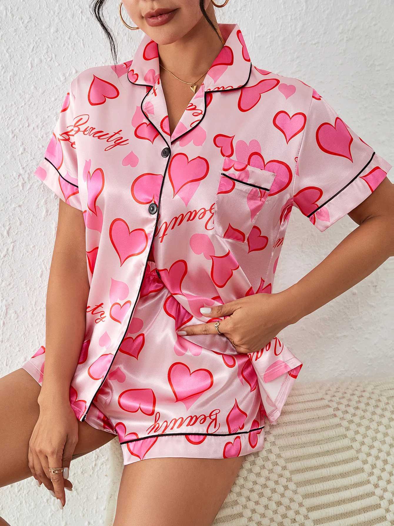 Heart Letter print satin Pajama SetShort Sve Buttons Lapel Top Elastic Shorts Womens SpwearXJ250220