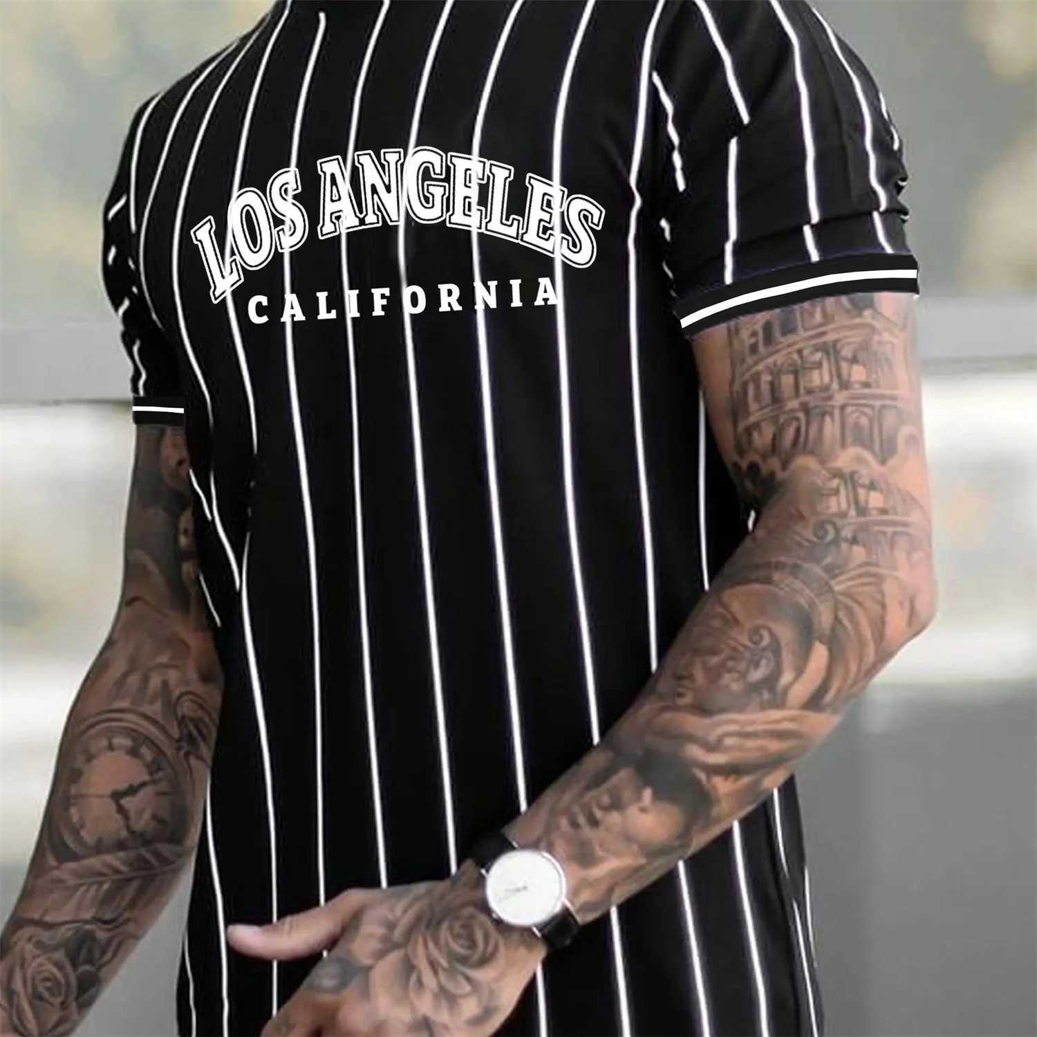 Mens T-shirt with Los Angeles printed stripes mens casual street style sports round neck T-shirt oversized mens clothing top W250220
