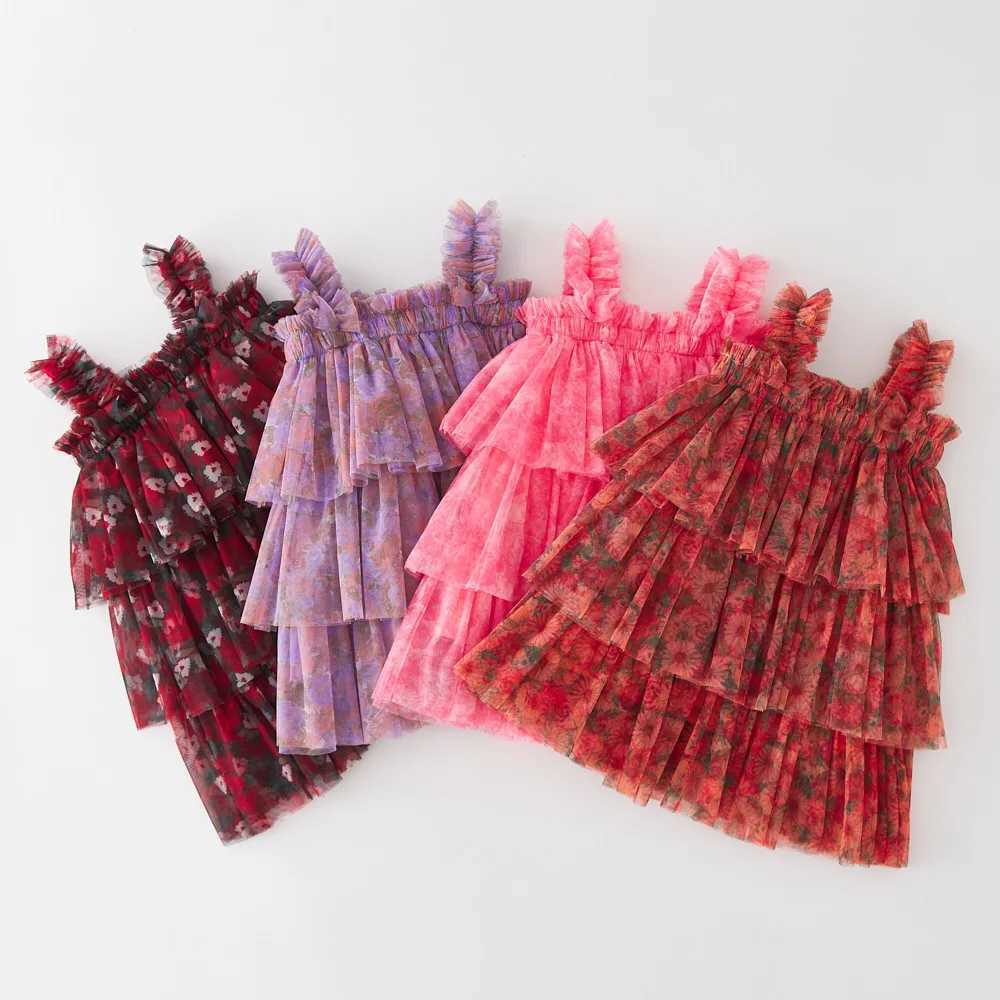 New Cute Baby Girl Dress Sweet Flowers Stamping Drape Wrinkle Mesh Baby Dresses Fashion Baby Girl Clothes Princess Cake Frock X250220