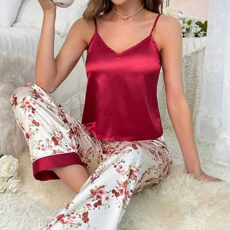 Womens Spwear Luxurious Floral Print Satin Pajama Set Sexy V-Neck Backless Cami Top Elastic Waist Long Pants Pyjama FemmeXJ250220