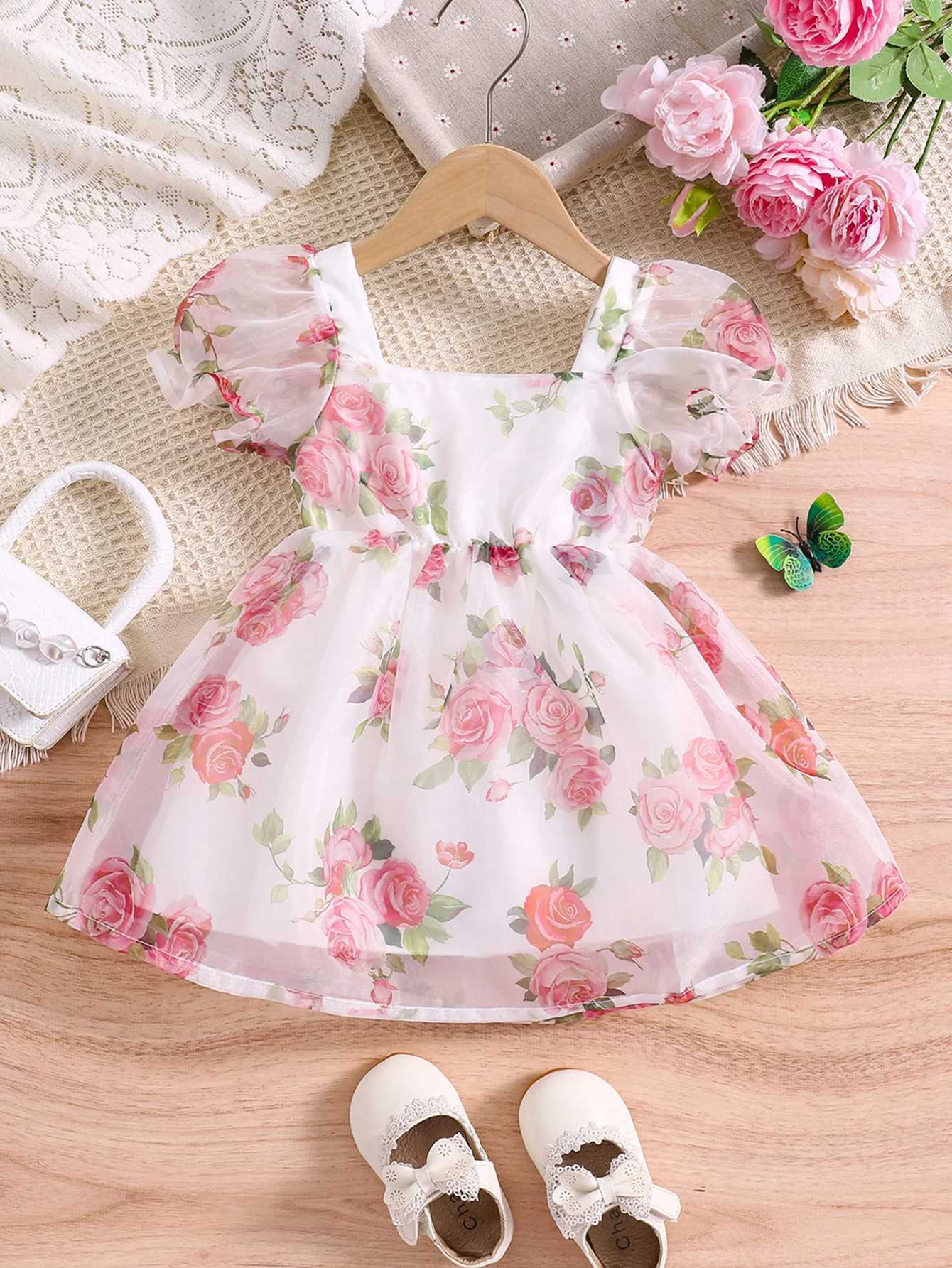 1-3Y Baby Girl Fashion Bubble Sleeve Romantic Rose Chiffon Short Sleeve Princess Dress Summer Daily Party Clothing X250220