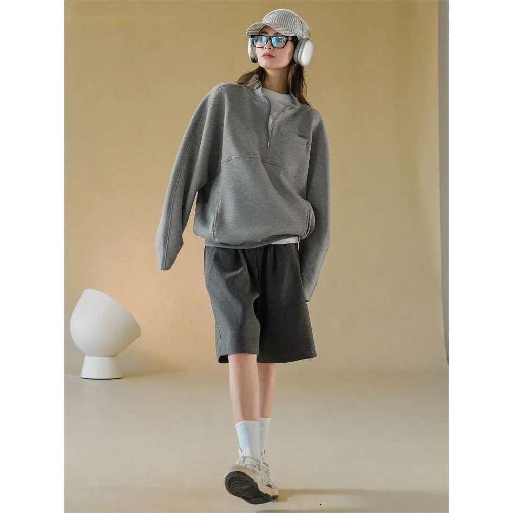 2025 Early Spring Fashion Half Turtleneck Air Layer Pullover Sweatshirt Women Loose Casual Top Grey/Navy Blue