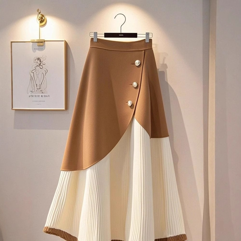 L180 New Fashionable Khaki Lint-free Knitted Skirt Women's Hot Style High Waist A-line Skirt