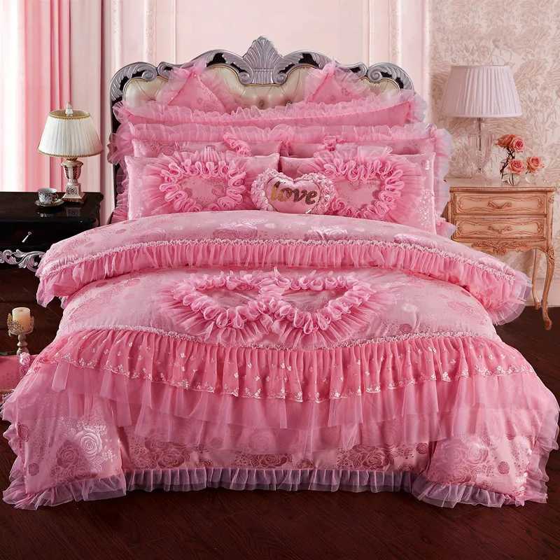 Pink Lace Princess Wedding Bedding Set King Queen Size Luxury Jacquard Stain Cotton Duvet Cover Bed Sheet PillowcasesXJ250220