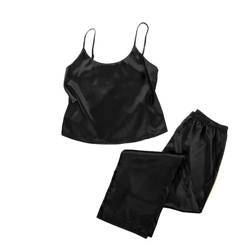 Spring/summer European and American Thin Womens Pajama Set with Silated Silk Satin Face Black Lace Sling Pants Home FuryXJ250220
