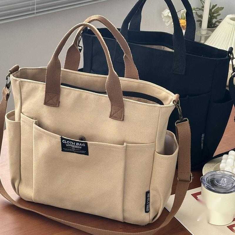 Thickened Multi Pocket Tote Canvas Bag Casual Classmate Simple Portable One Shoulder Crossbody Schoolbag Purses Handbags 241225
