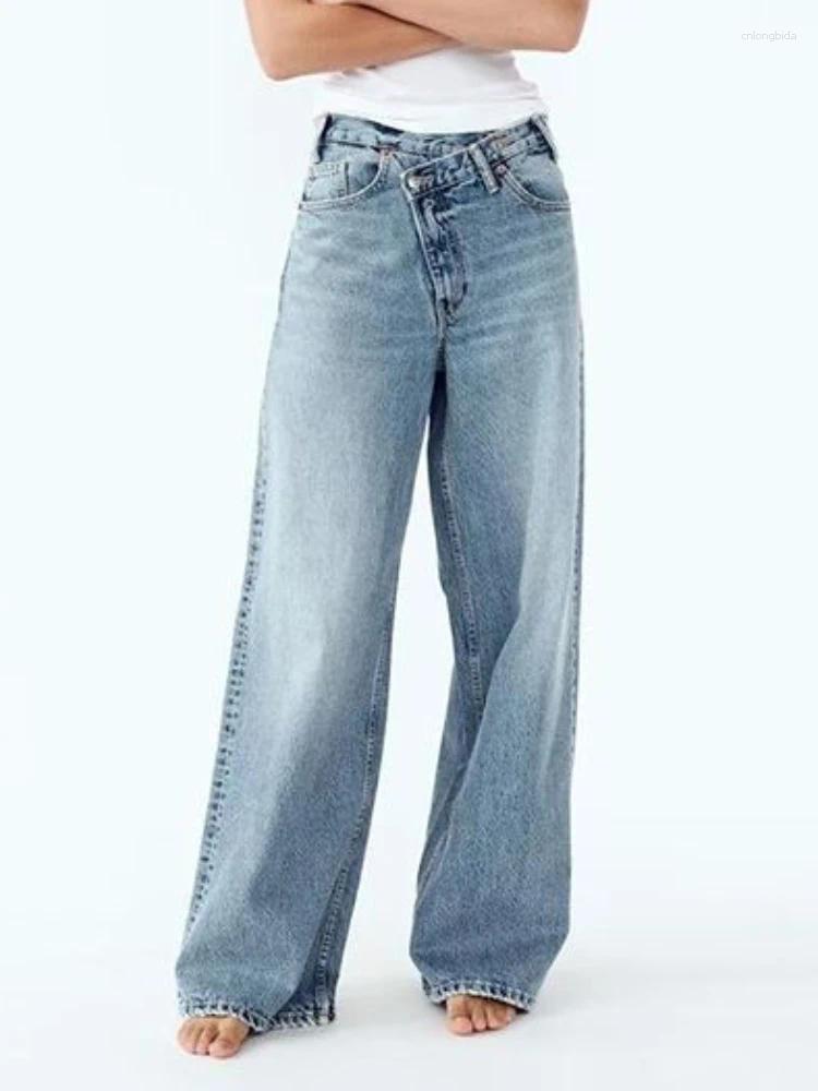 Womens Jeans HOUZHOU Women Wide Leg Vintage Irregular Washed Denim Trousers Aesthetic Baggy Straight Asymmetrical High Waist