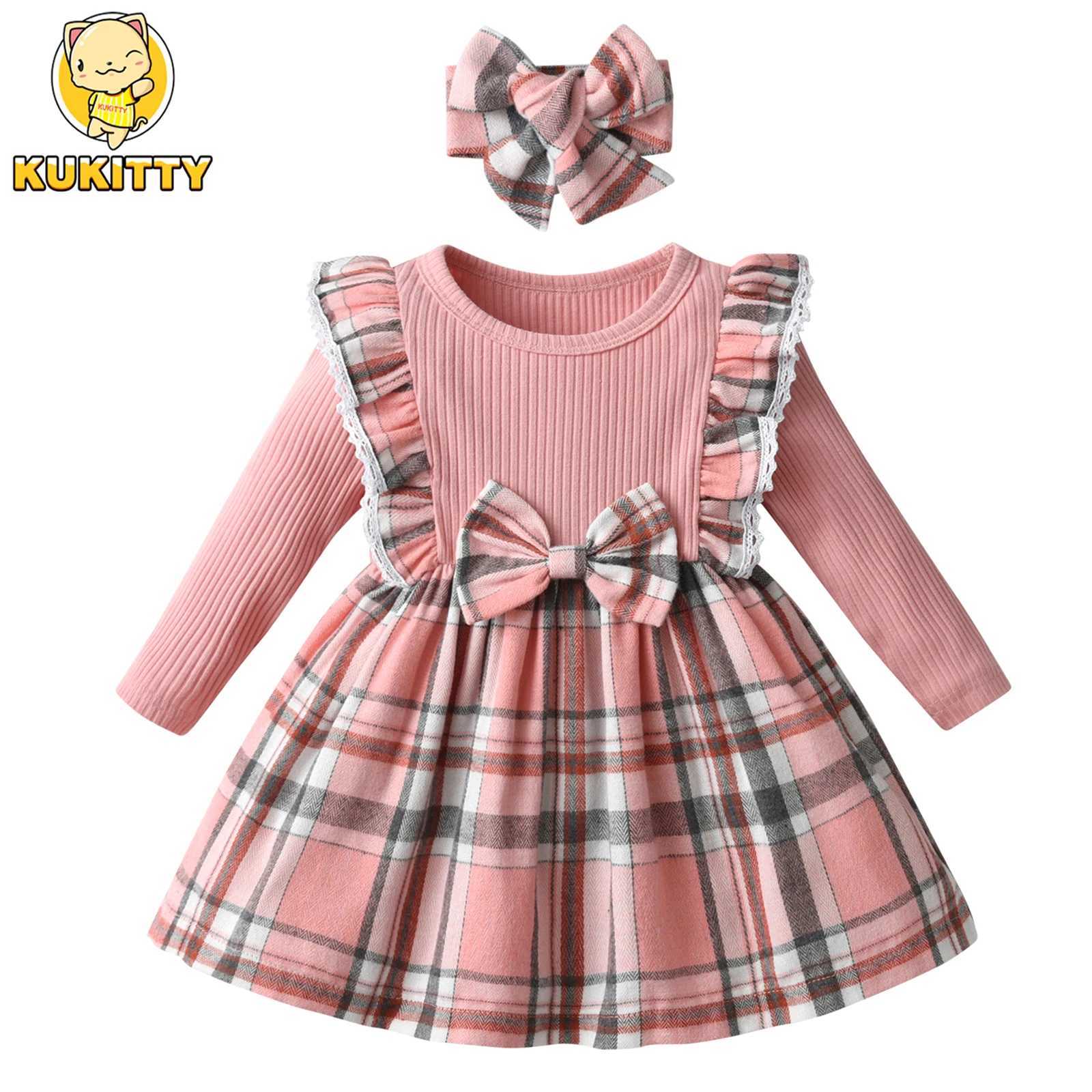 0-24Months Toddlers Baby Girls Princess Dress Clothes New Plaid Knit Long Sleeve Dresses Come with Bow Headband Outfits X250220