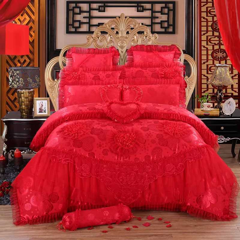 Pink Lace Princess Wedding Bedding Set King Queen Size Luxury Jacquard Stain Cotton Duvet Cover Bed Sheet PillowcasesXJ250220