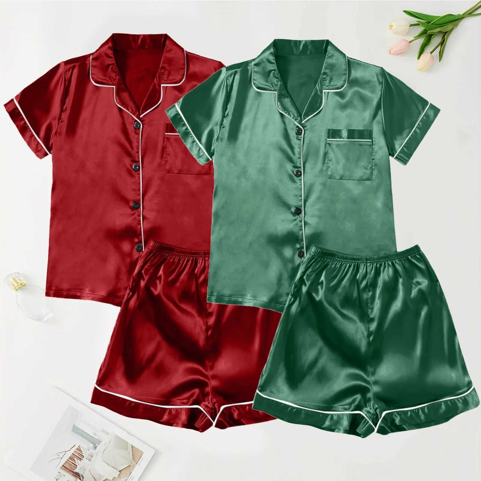 Spwear Women Silk Satin Short Sve Shorts Pajamas 4 Piece Set Breathable Quick Dry Night Dress Trouser Shirt Solid NightiesXJ250220