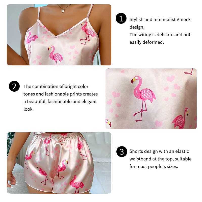Womens Cute Flamingo Print Satin Pajama Set - V Neck Cami Top and Elastic Shorts for Comfortable Sp and Lounging HomewearXJ250220