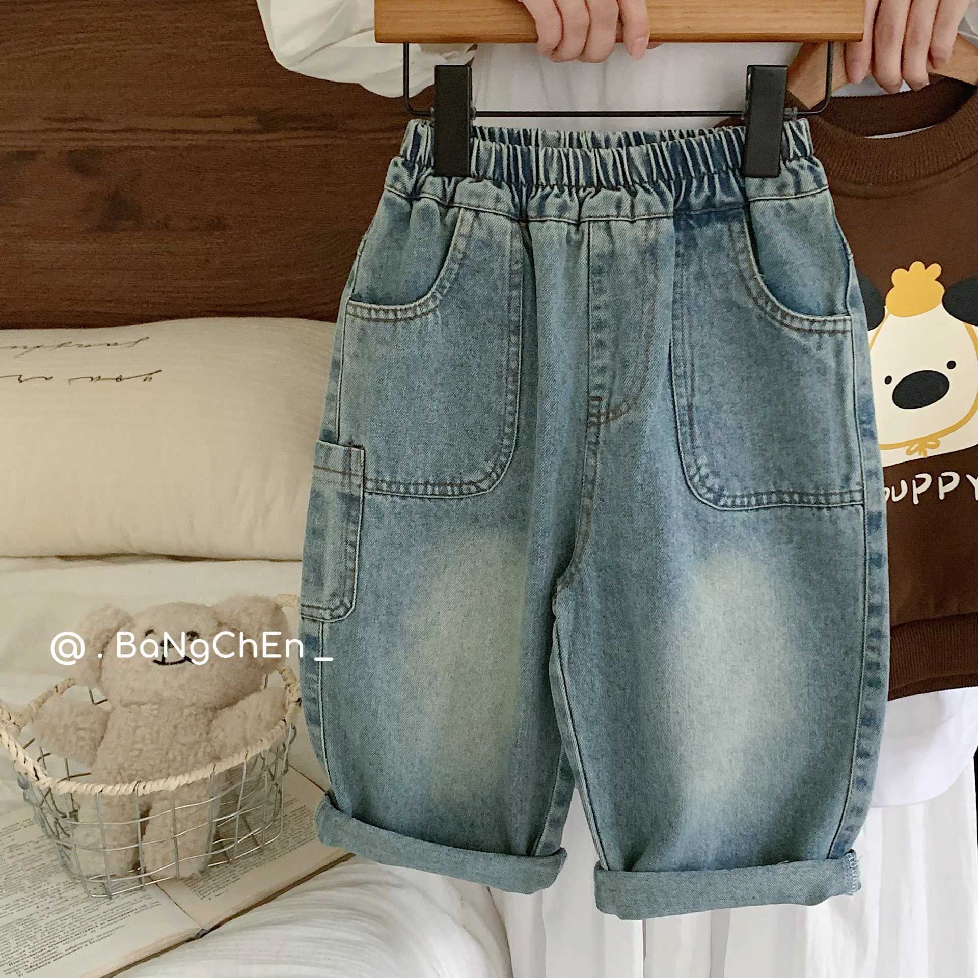 2025 Autumn Childrens Boys Jeans Multi Pocket Straight Leg Casual Pants For Baby Boys 2-8 Years Kids Boys Denim Trousers Z250220