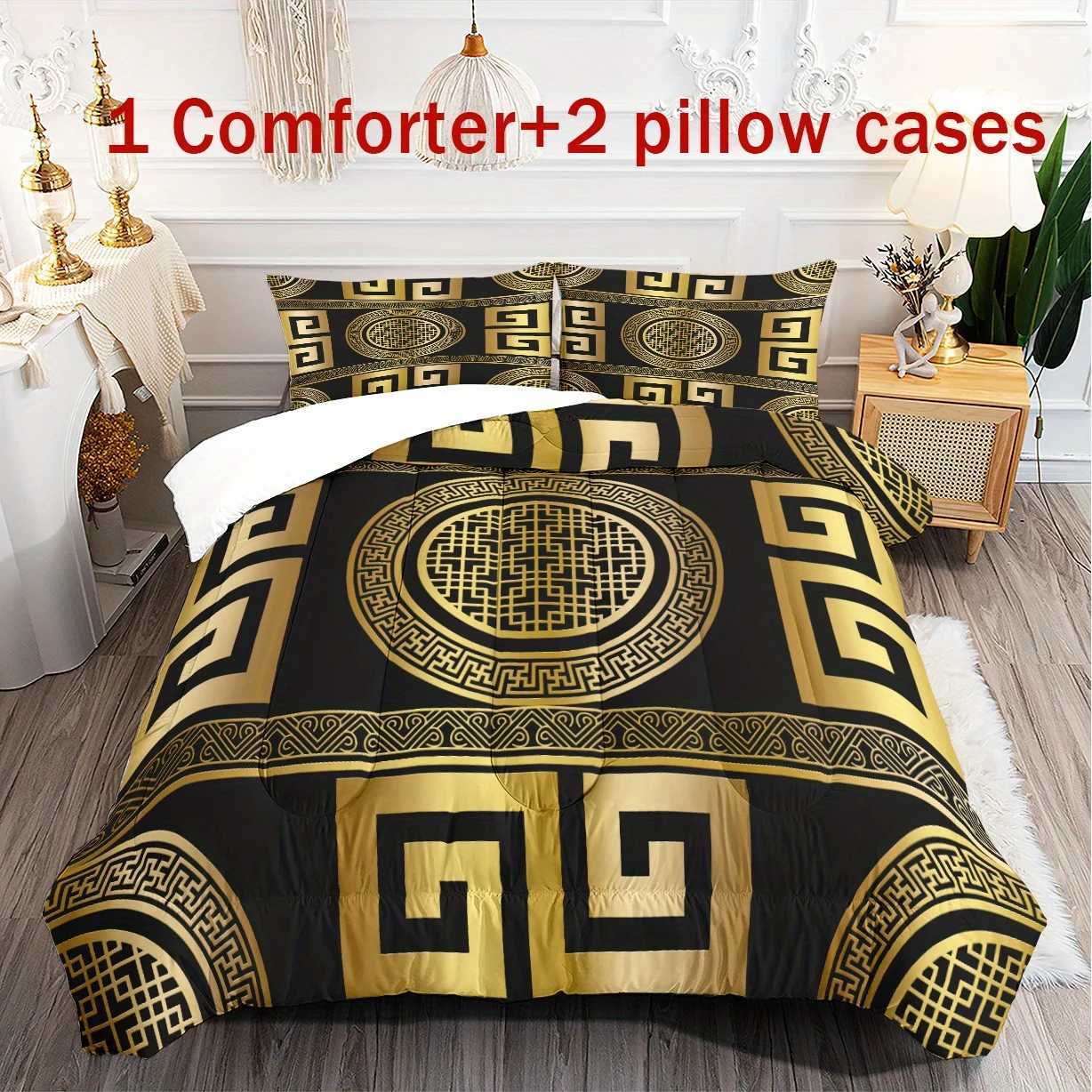 3pcs Luxury Golden Geometric Printed Comforter Set Printed Bedding For Bedroom Home Dorm DecorXJ250220