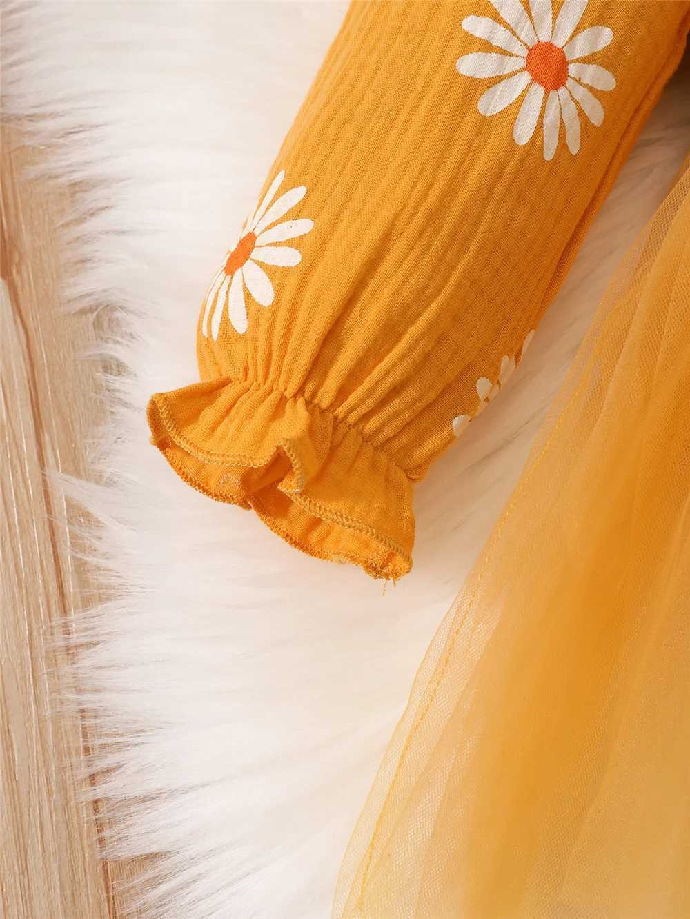 Newborn Baby Girl Romper Dress Long Sleeve Flowers Print Tulle Bodysuit Yellow Spring Autumn Dress with Headband Clothes X250220