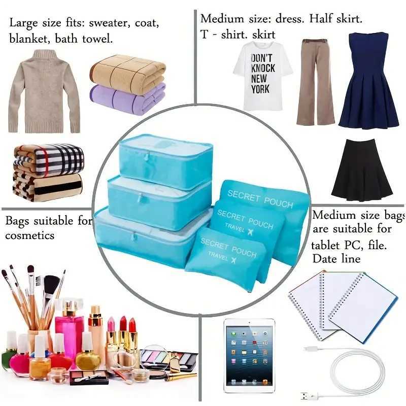 6 Pcs/Set Pink/Blue/Grey Travel Storage Bag Large Capacity Waterproof Luggage Clothing Underwear Storage Bag With Zipper X250220