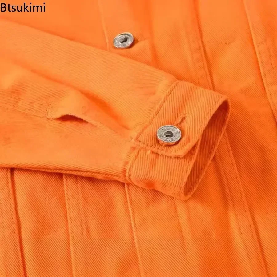 2025 Mens Casual Denim Jacket Korean Style Loose Cotton Handsome Tops Trend Orange Lapel Hip Hop Jean Plus Size 250212