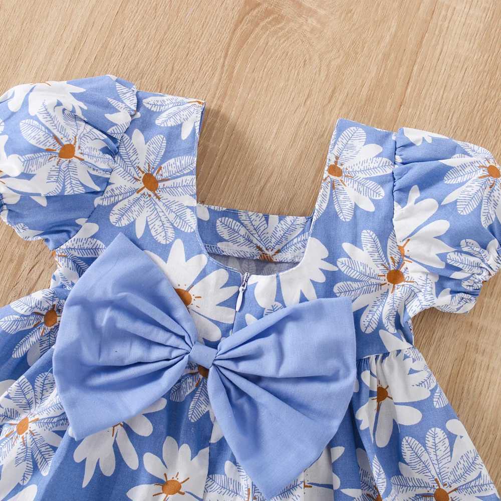Girls Summer New Style Daisy Bow Decoration Square Neck Short Sleeved Korean Version Childrens Dress X2502201