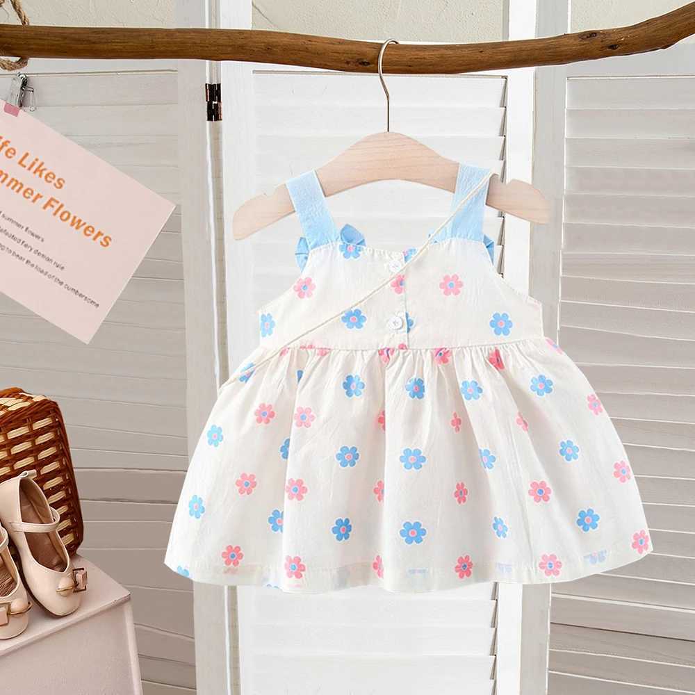 2 pieces/set of baby girls summer sleeveless cute bow childrens dress+floral bag cotton childrens casual dress 1 to 2 pieces X250220
