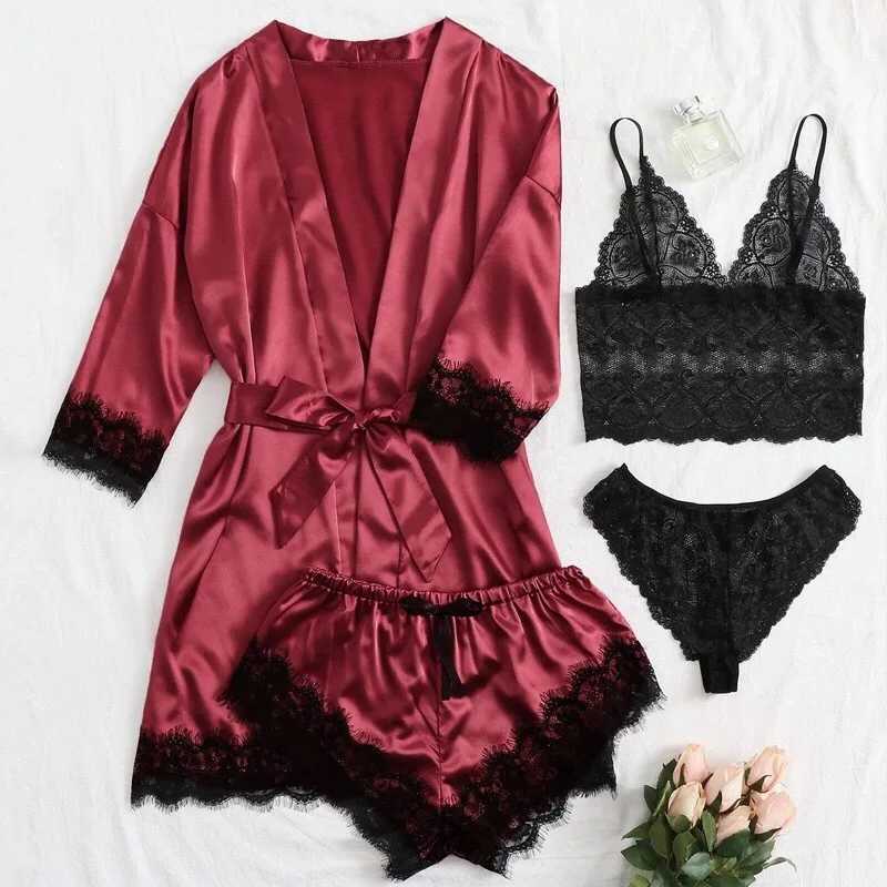 2025 New Womens fashion spwear four piece set sexy lace trimmed satin suspender suit dress comfortable casual nightgownXJ250220