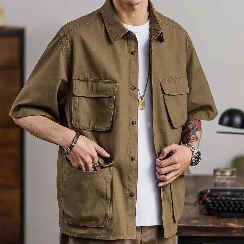 American retro work shirt khaki short sleeved multi pocket summer casual fashion brand mens clothing W250220