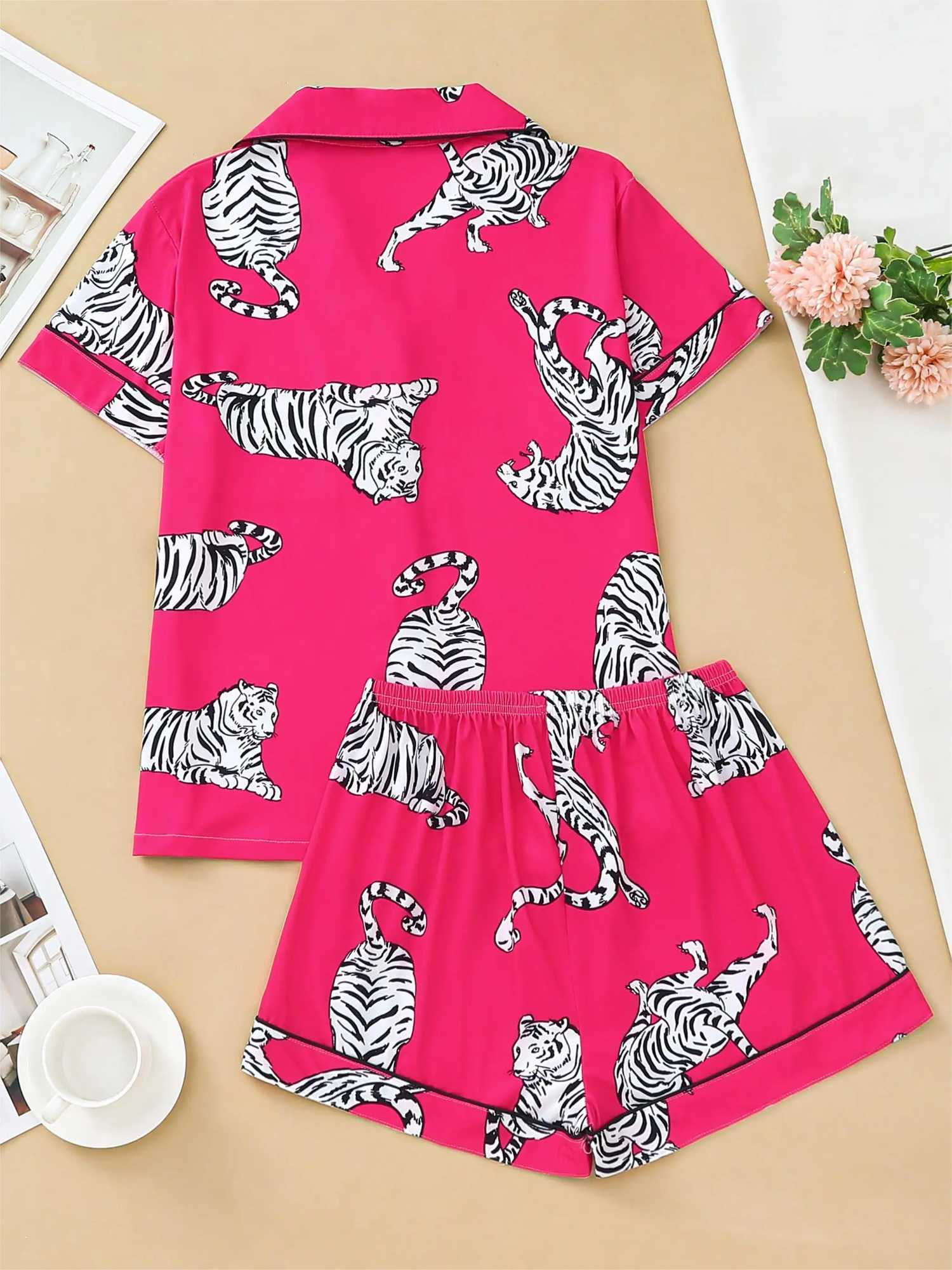 Two-piece set of womens pajamas lapel top and trousers Tiger summer casual warm womens pajamas home wearXJ250220