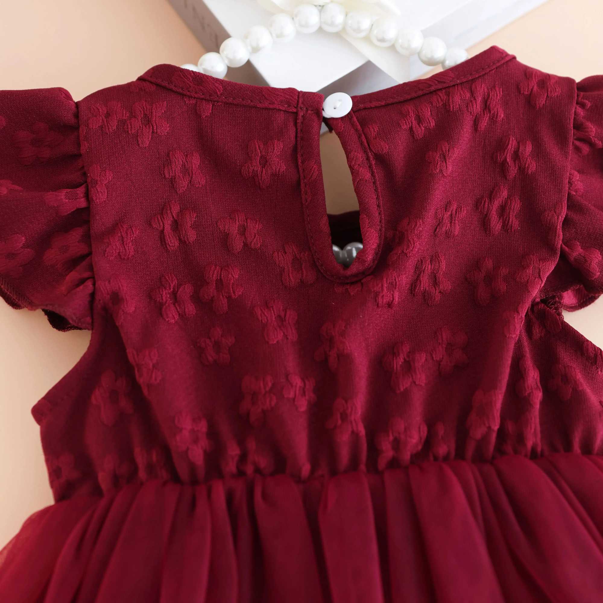 Summer charming girl wine red print mesh dress with flowing sleeves and gauze-cute knee summer dress with rose detail girls dre X250220