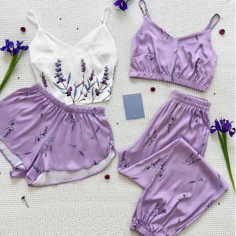 New Satin Silk Pajamas Set for Women Flower Print Spwear Sexy V-neck Sveless Top Nightwear Pijamas Home Clothes LoungewearXJ250220