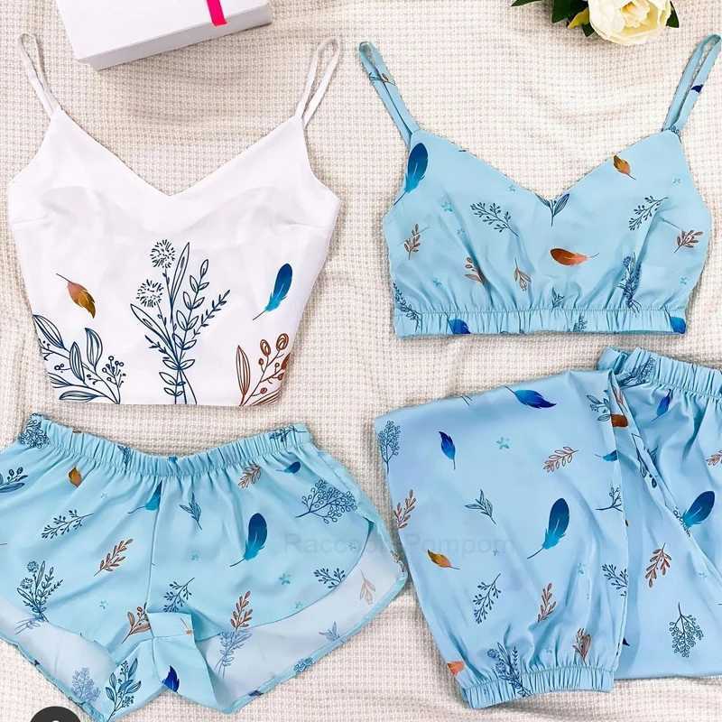 New Satin Silk Pajamas Set for Women Flower Print Spwear Sexy V-neck Sveless Top Nightwear Pijamas Home Clothes LoungewearXJ250220